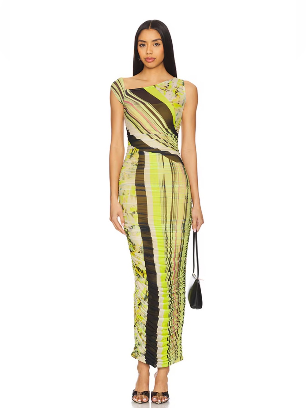 AFRM Biona Wing Stripe Mesh Maxi Dress S Ruched Bodycon Night Out Party NWT